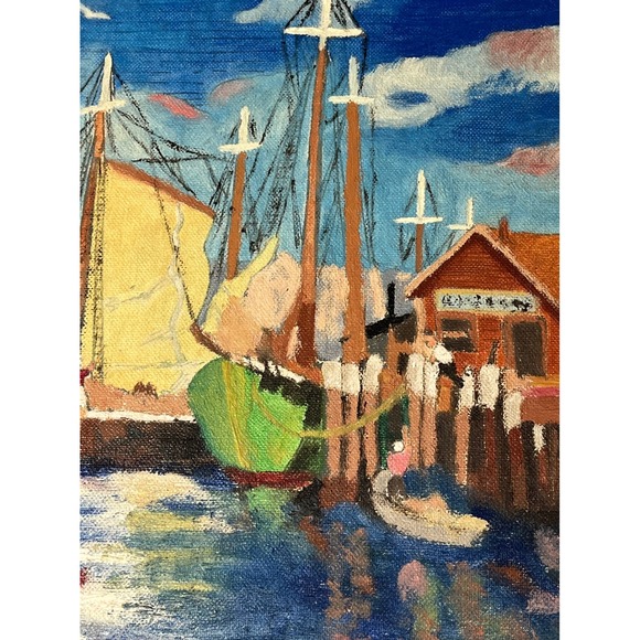 Vintage Framed Nautical Seascape Painting Harbor Boats Pier Art Wall Decor - Picture 4 of 5